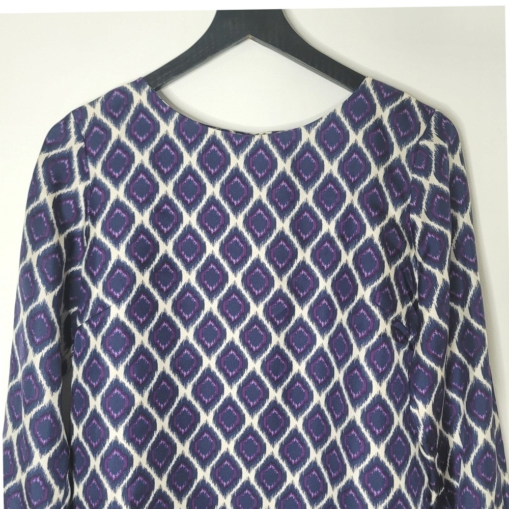 Elizabeth McKay Silk Blouse Purple Blue Geo Print Long Sleeve Bohemian Small